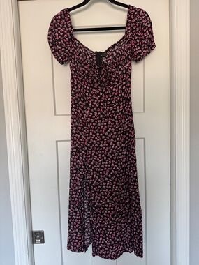 SHEIN Black Midi Dress with Pink Floral Motif